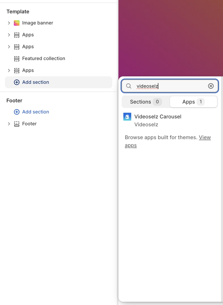 The Videoselz block shown inside the Apps tab in the Shopify theme editor