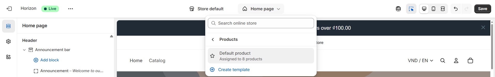The Default product template selected in the Shopify theme editor