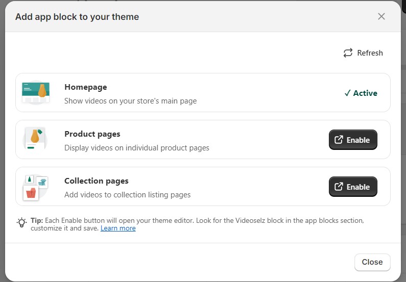 App block panel with Homepage showing ✓ Active status
