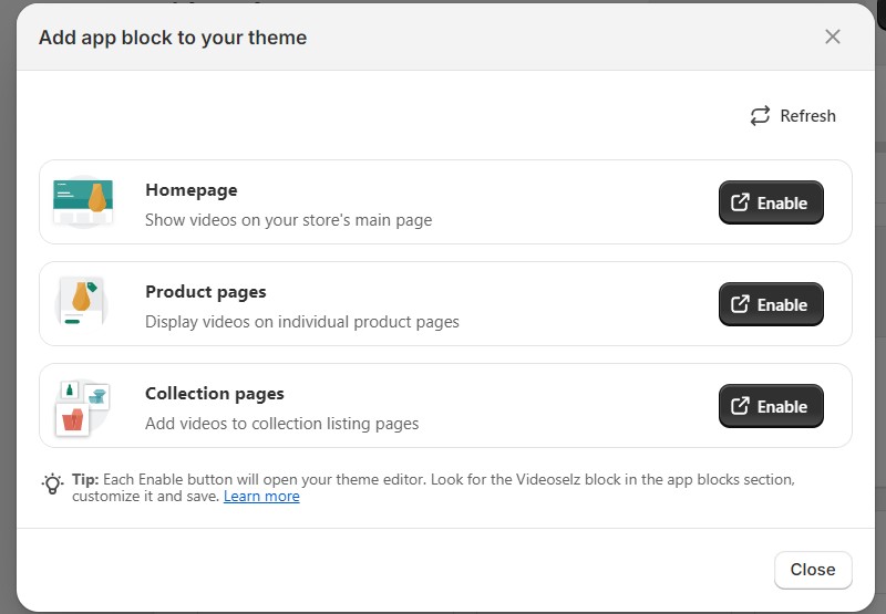 The app block panel showing Homepage, Product pages, and Collection pages with Enable buttons