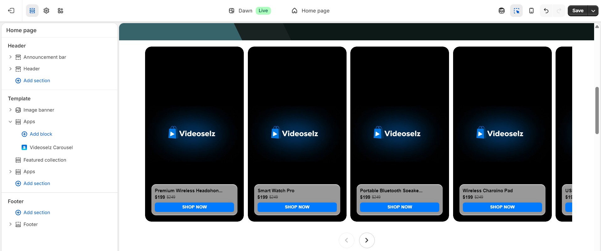 Shopify theme editor with the Videoselz block in the App blocks section