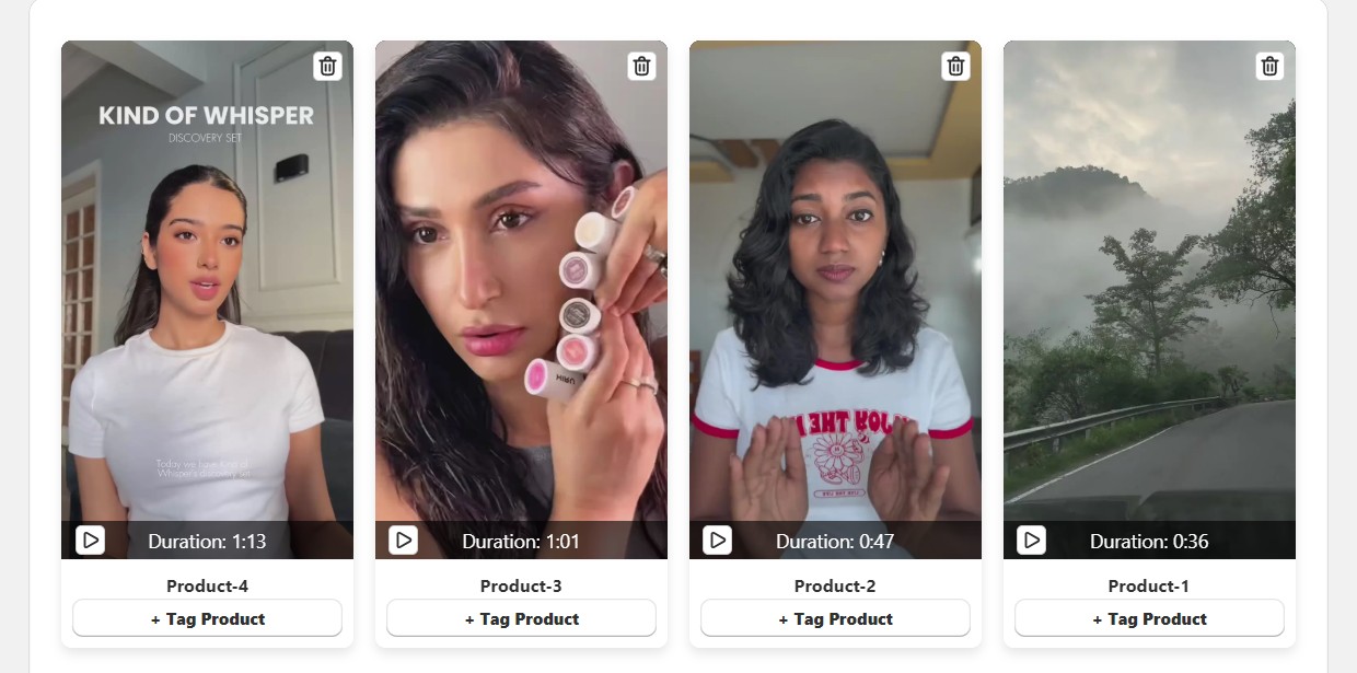 Video Library showing uploaded videos with thumbnails, titles, and durations