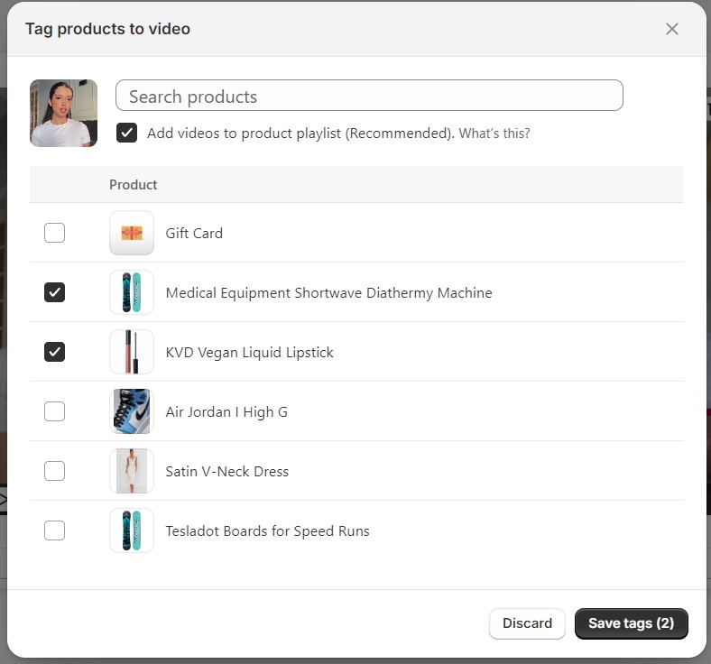 The Tag Products modal with a product search field and selected products listed below