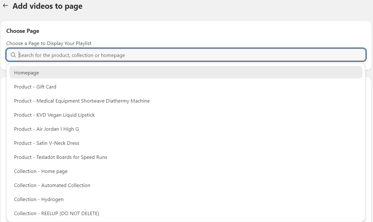 The Create playlist page with the Choose page dropdown open showing Homepage, product, and collection options