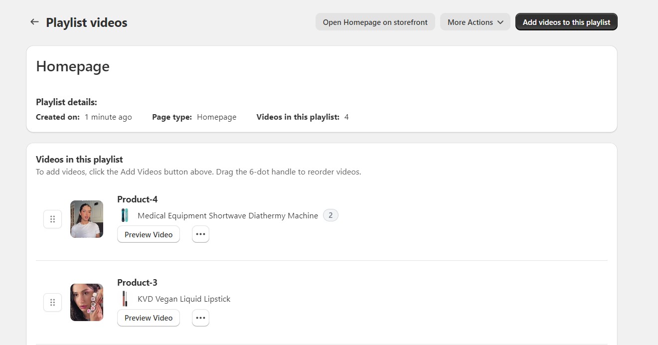 The Edit playlist page showing the video order list with drag handles and an Open in Storefront button