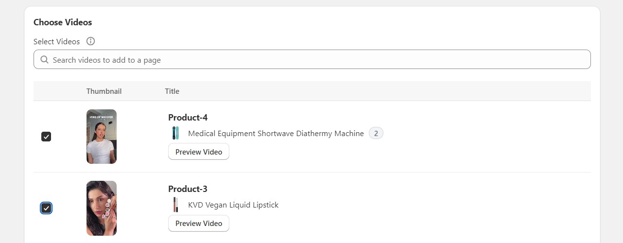 The Select videos section showing a list of library videos with checkboxes