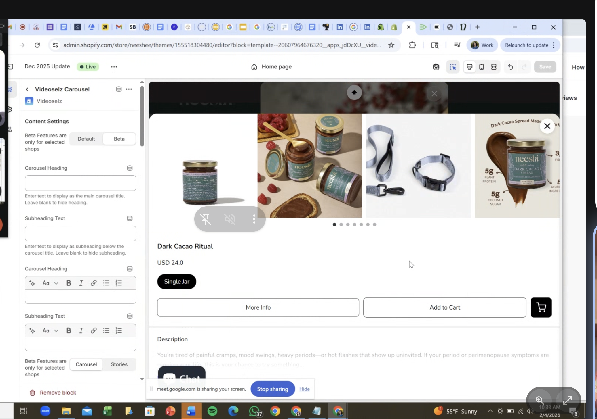 The Videoselz Carousel block in the Shopify Theme Customizer, showing content settings on the left and a live carousel preview with shoppable product cards on the right.